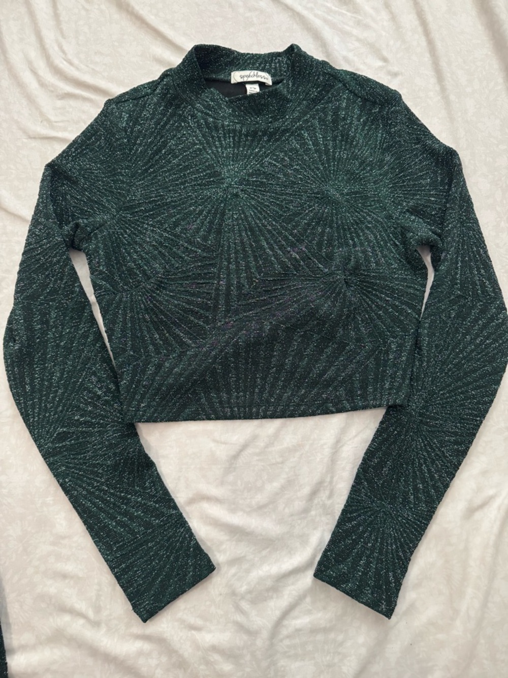 Green Metallic Long Sleeve Crop Top